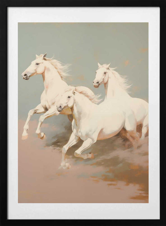 Two White Wild Horses Galloping - Art Print by Andreas Magnusson