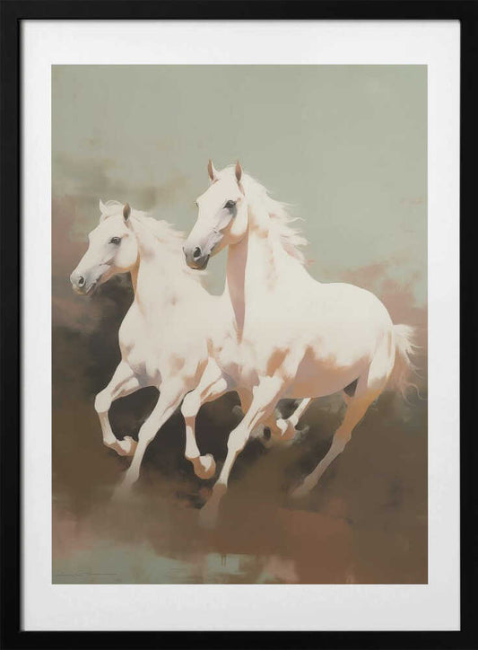 Two Elegant White Horses Galloping - Art Print by Andreas Magnusson
