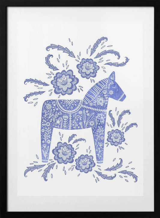 Swedish Dala Horse Blue And White - Art Print by Nic Squirrell