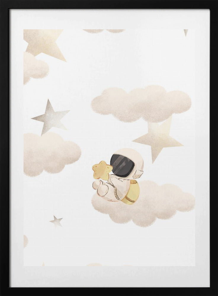 Cartoon Spaceman Sitting on Fluffy Clouds - Art Print by Saskia Michele