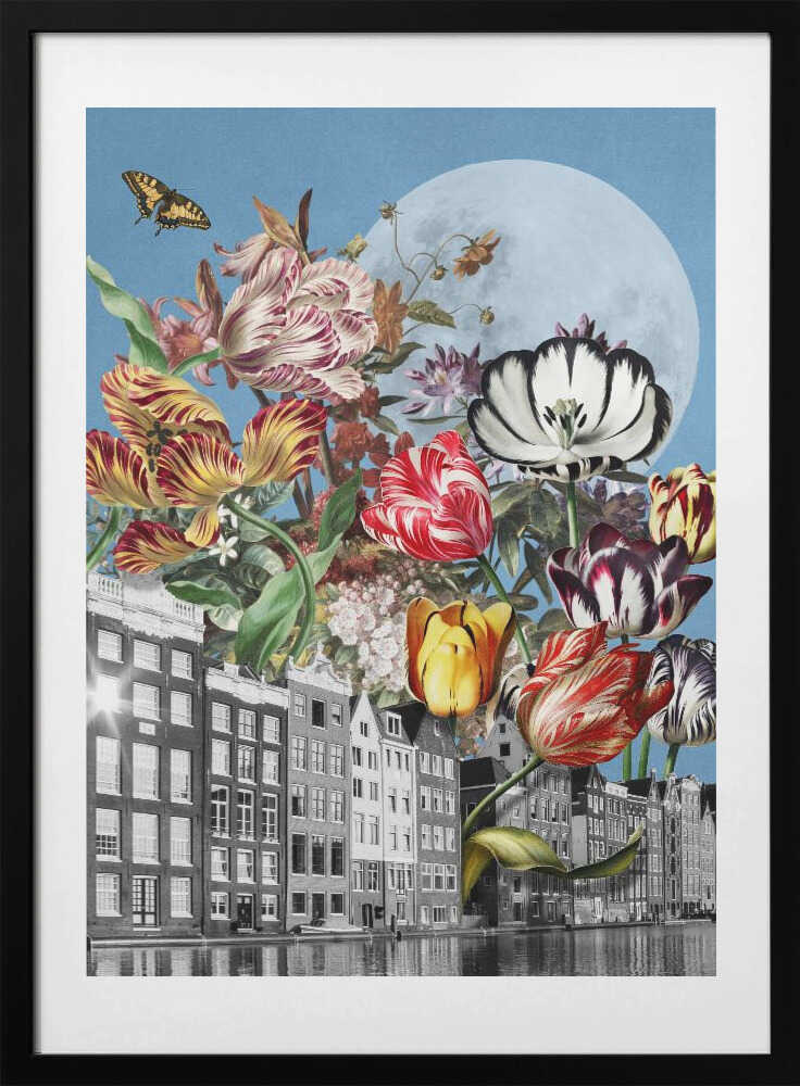 Vibrant Tulips And Intricate Butterflies - Art Print by Marja van den Hurk