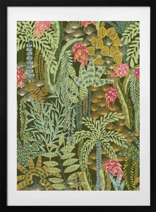 tropical lounge with dragon fruit emerald pattern - Art Print by Annick