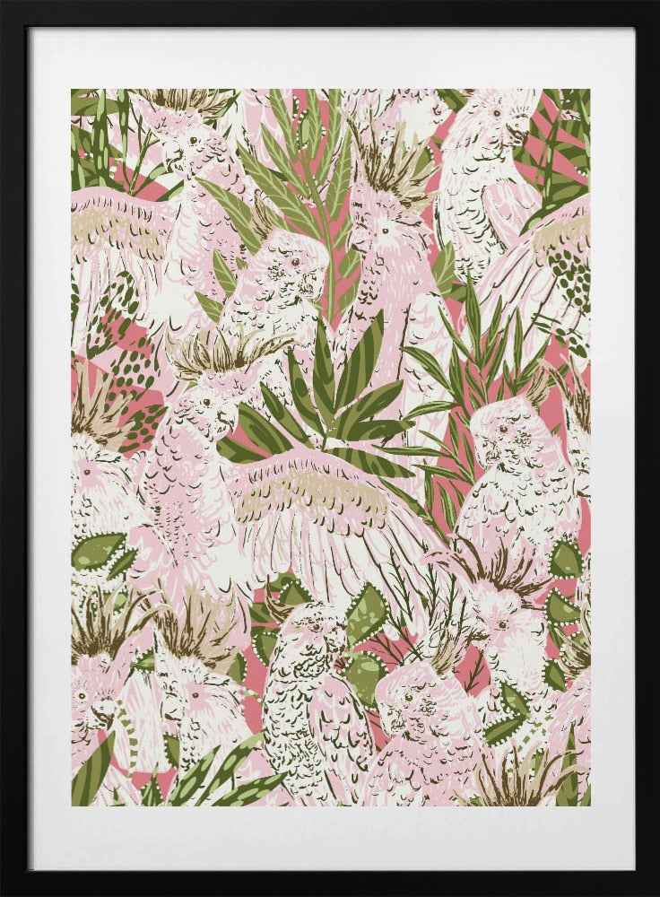 Tropical Lounge Cockatoos Pink pattern - Art Print by Annick