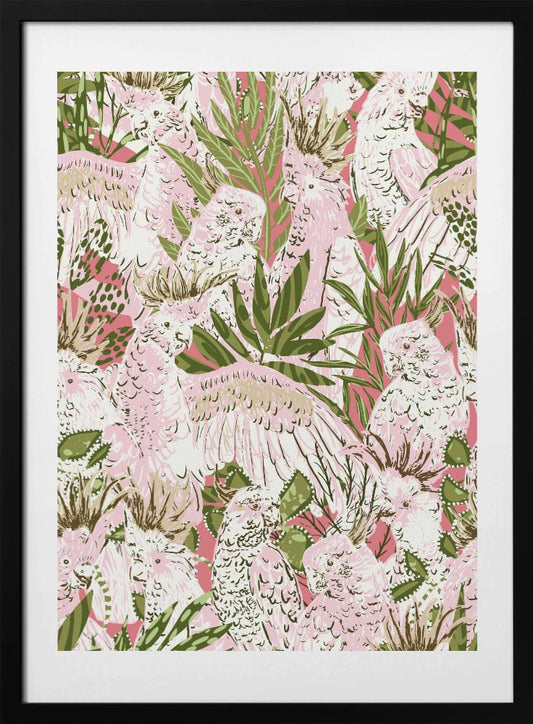 Tropical Lounge Cockatoos Pink pattern - Art Print by Annick