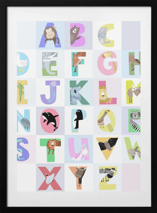 Cute Animal Alphabet Letters with Cool Grey Background - Art Print by Carla Daly
