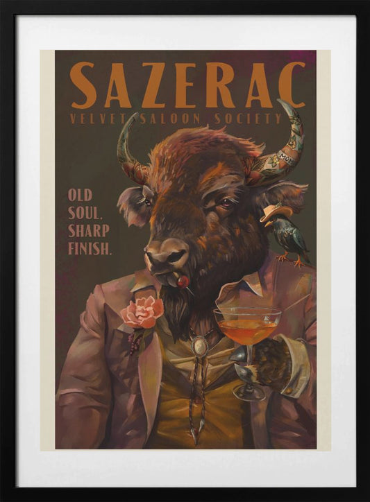 Buffalo Drinking Sazerac Cocktail. Alcohol &amp; Liquor Bar Art - Art Print by The Whiskey Ginger