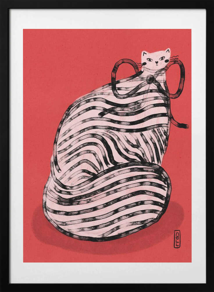 Black and White Stripe Cat Illustration Poster - Art Print by Dirkie Nell