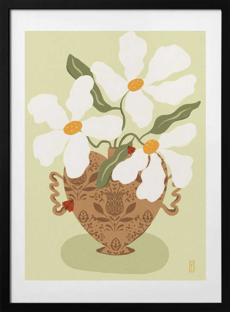 White flowers in a Greek Vase Illustration - Art Print by Dirkie Nell