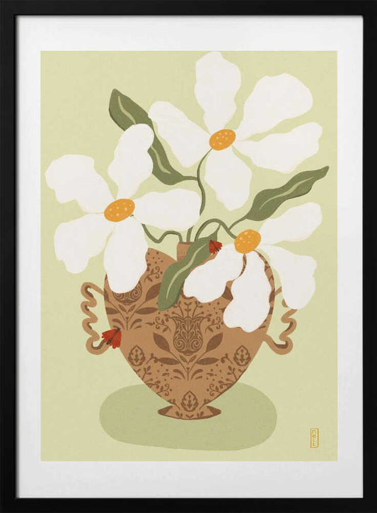 White flowers in a Greek Vase Illustration - Art Print by Dirkie Nell