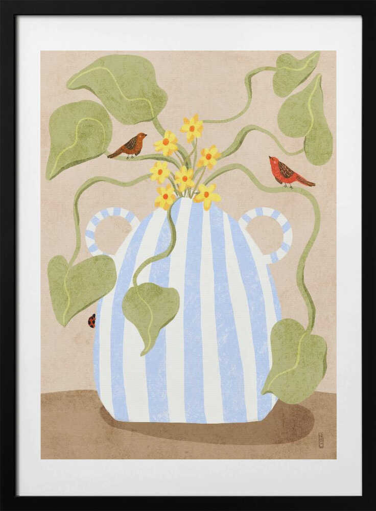 Leaves In a Pot With Birds Illustration - Art Print by Dirkie Nell