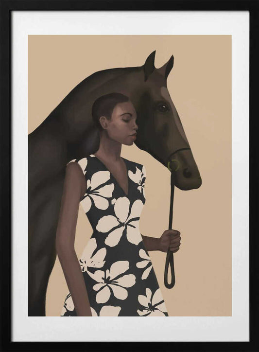 Woman In Bold Print With Black Horse - Art Print by Nadjaa