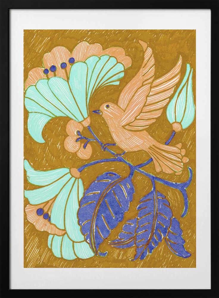 Stylized Bird Floral Branch - Art Print by Katie O'Shea