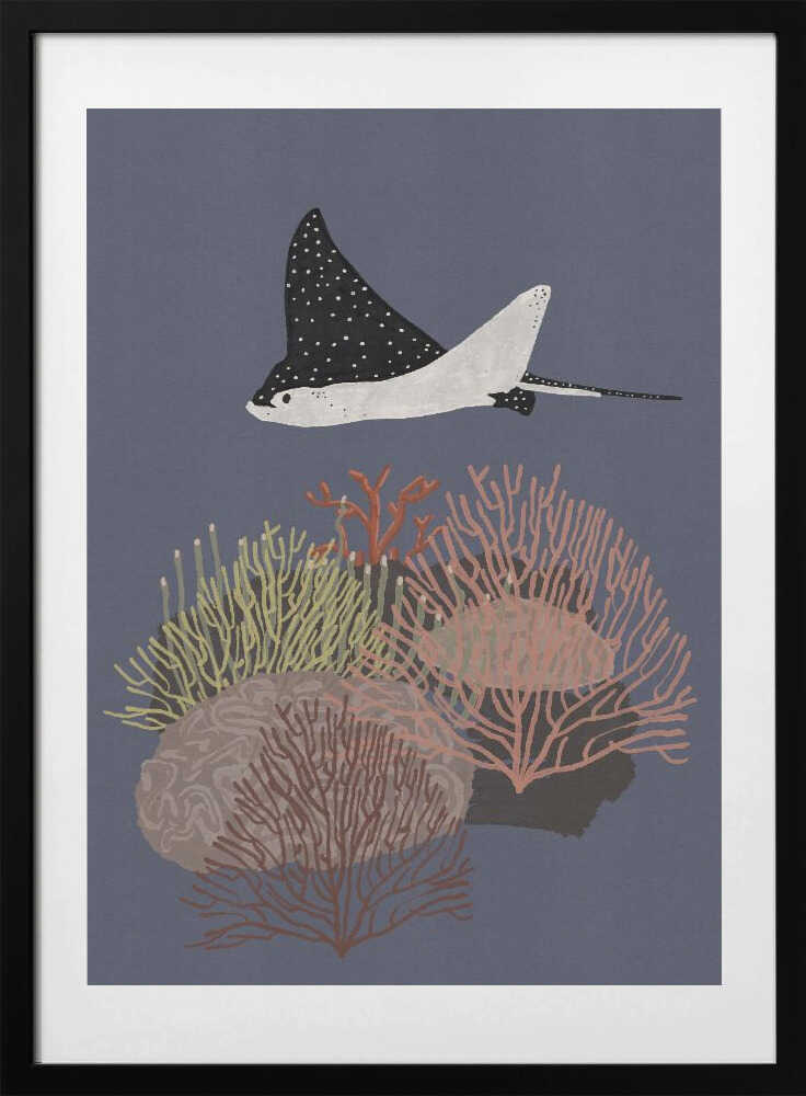Spotted Ray Over Coral Reef - Art Print by Nicholas