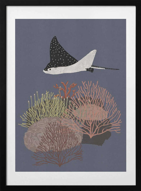 Spotted Ray Over Coral Reef - Art Print by Nicholas