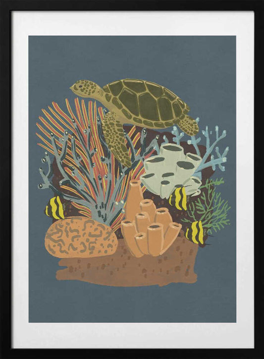 Sea Turtle Over Coral Reef - Art Print by Nicholas