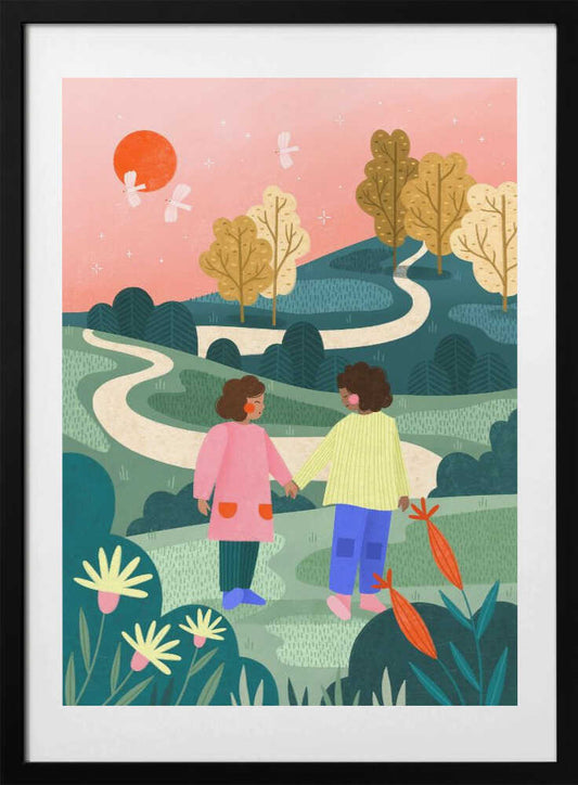 Friends Walking Winding Path - Art Print by Bea Müller