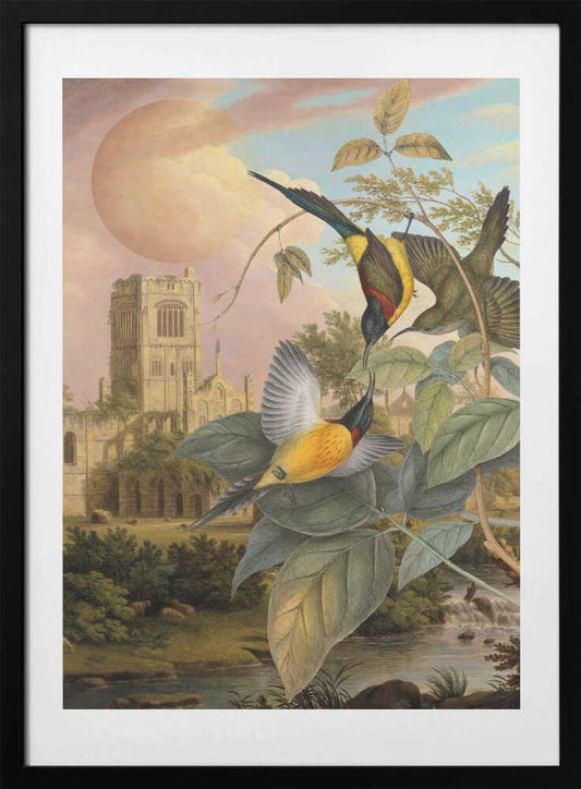 Exotic Birds Pastel Moon - Art Print by Marja van den Hurk