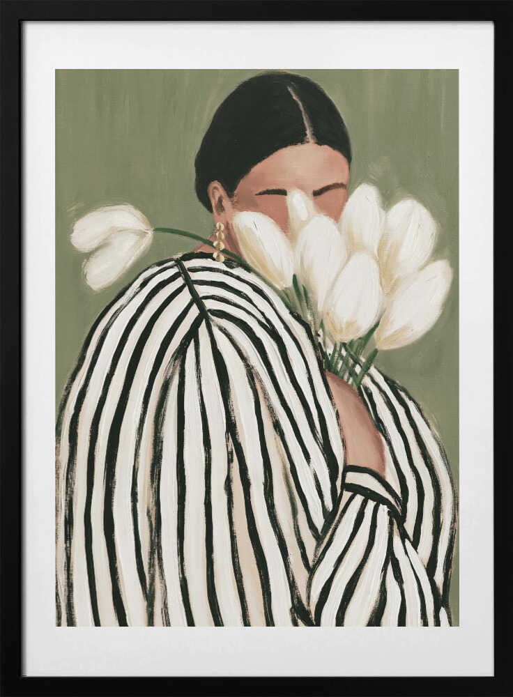 Woman with flowers, striped woman with tulips illustration - Art Print by Stephanie Jeuffroy