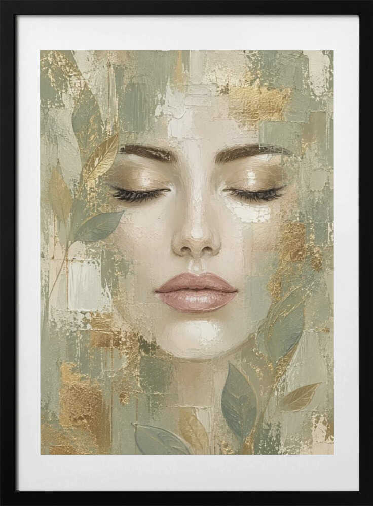 Serene Woman Gold Leaves - Art Print by Sally Ann Moss