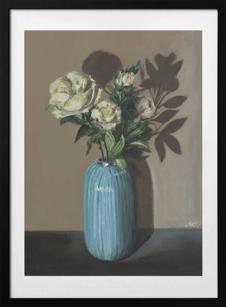 White Peonies in Blue Vase - Moody Floral Still Life - Art Print by Marina Kozyr