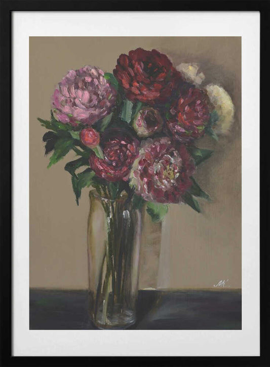 Dark Red Peonies in Glass Vase - Moody Floral Oil Painting - Art Print by Marina Kozyr