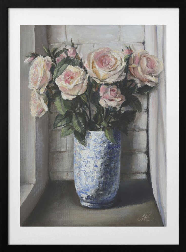 Pink Roses on Windowsill - Blue Ceramic Vase Painting - Art Print by Marina Kozyr