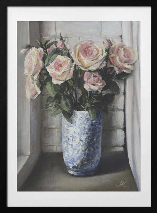 Pink Roses on Windowsill - Blue Ceramic Vase Painting - Art Print by Marina Kozyr