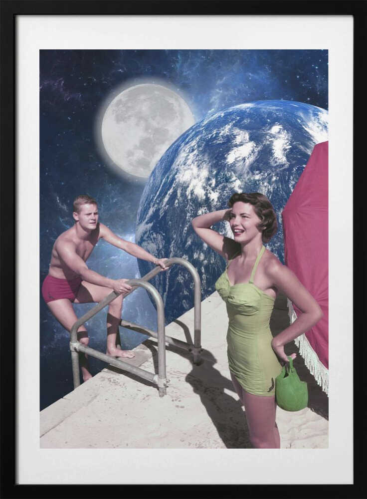 Retro Couple Cosmic Swim - Art Print by Marja van den Hurk