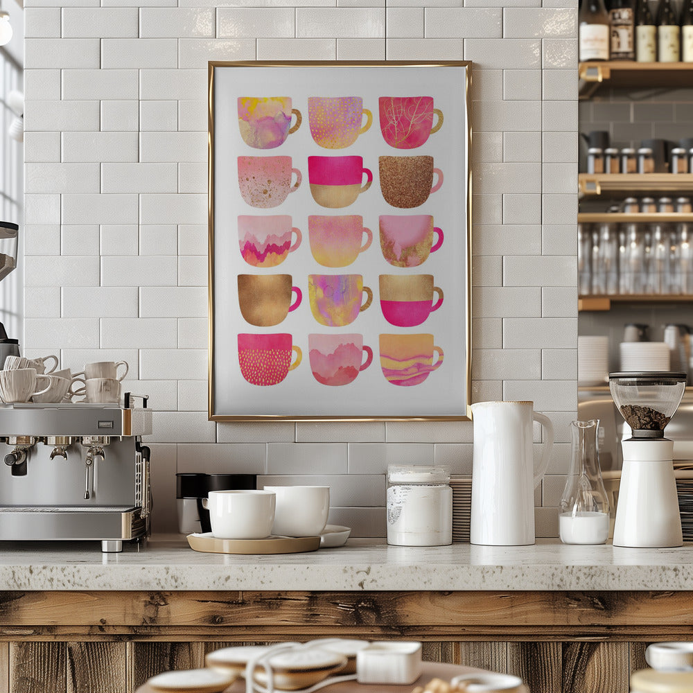 Pretty Pink Coffee Cups - Art Print by Elisabeth Fredriksson