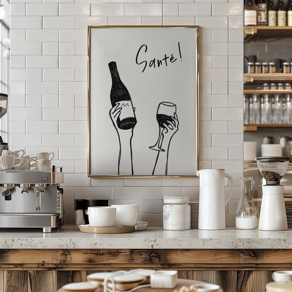 Hands holding a wine bottle and a wine glass with the text "Cheers!" in French - Art Print by Rio Soléy