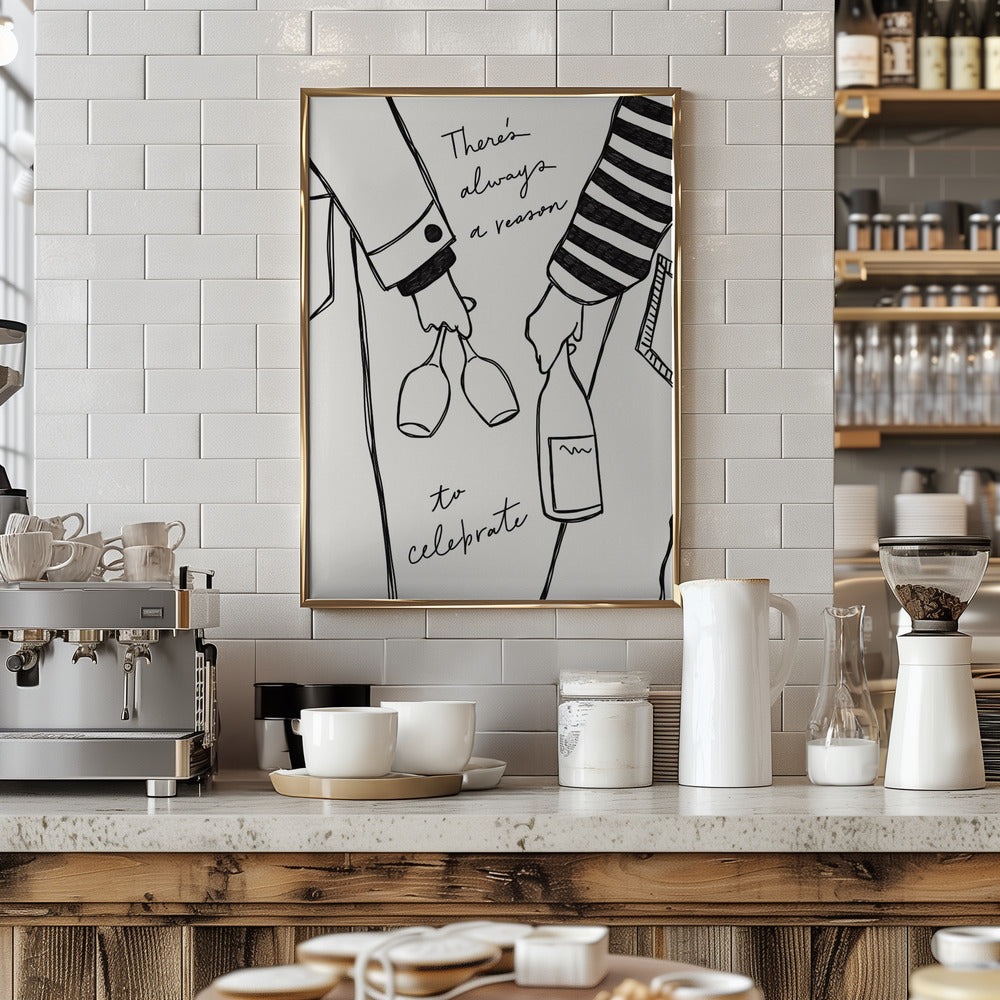 Woman holding wine bottle and wine glass (Black &amp; White) - Wine Vin Femme Noir et Blanc - Art Print by Rio Soléy