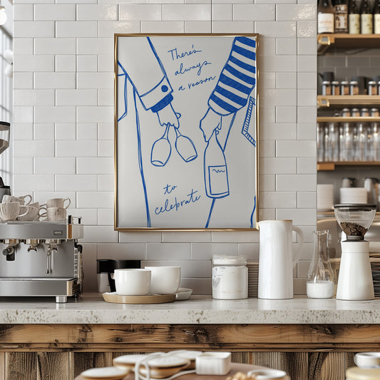 Woman holding wine bottle and wine glass (Blue) - Wine Vin Femme Bleu - Art Print by Rio Soléy