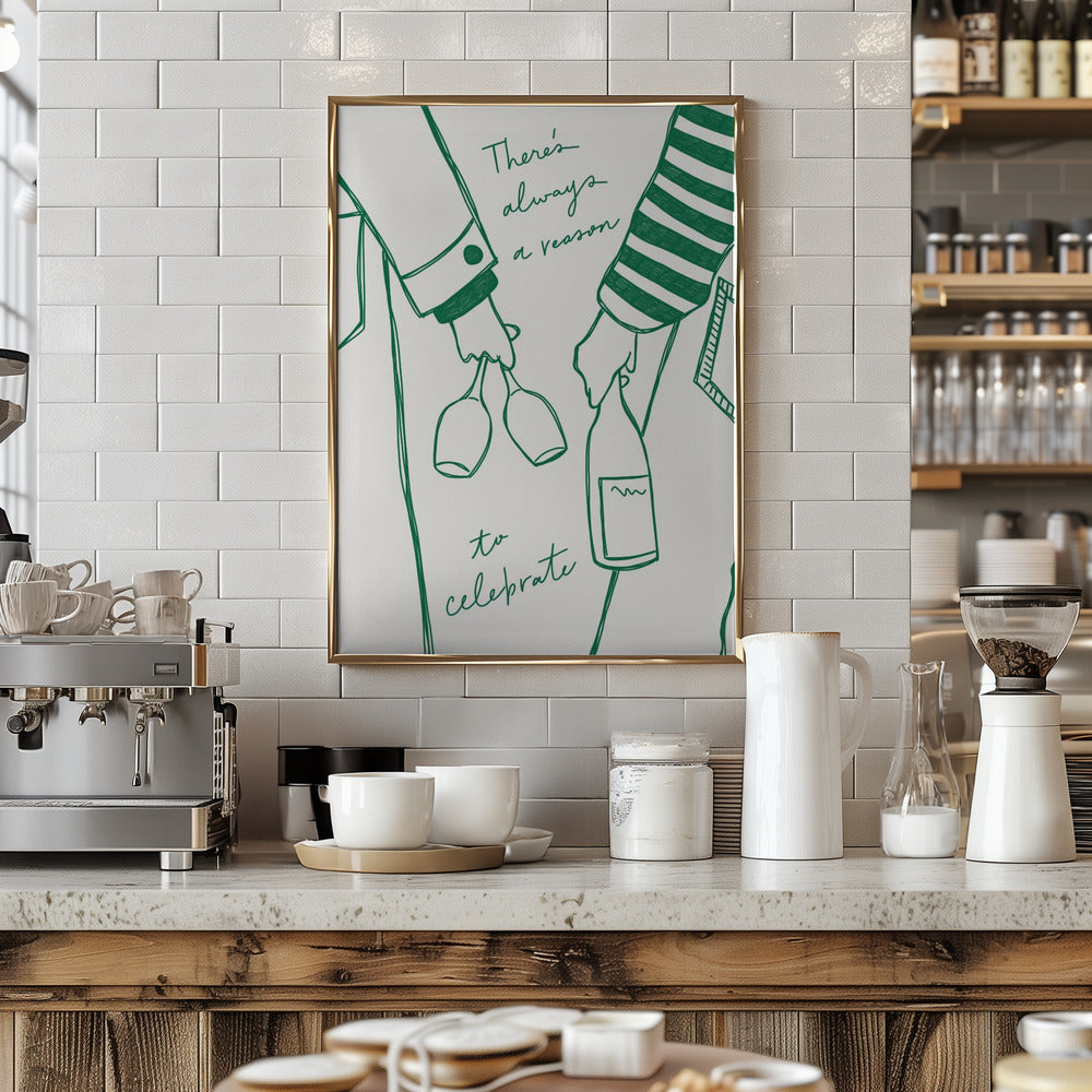 Woman holding wine bottle and wine glass (Green) - Wine Vin Femme Vert - Art Print by Rio Soléy