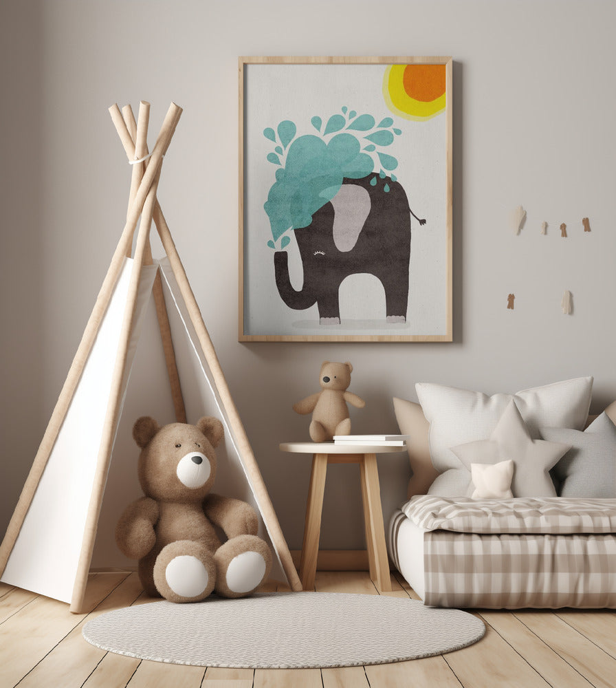 Elephant Splashing - Art Print by Treechild