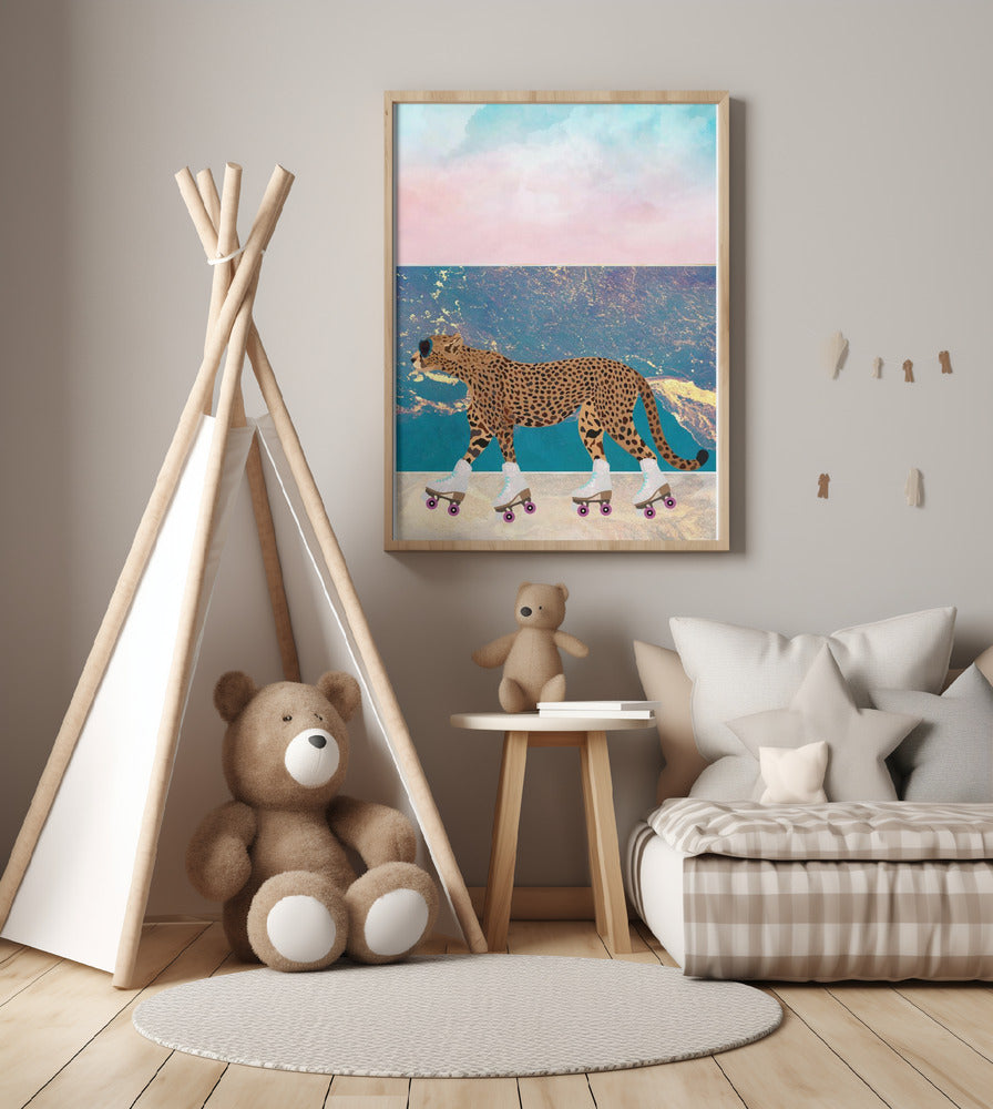 Cheetah Rollerskating on the beach - Art Print by Sarah Manovski