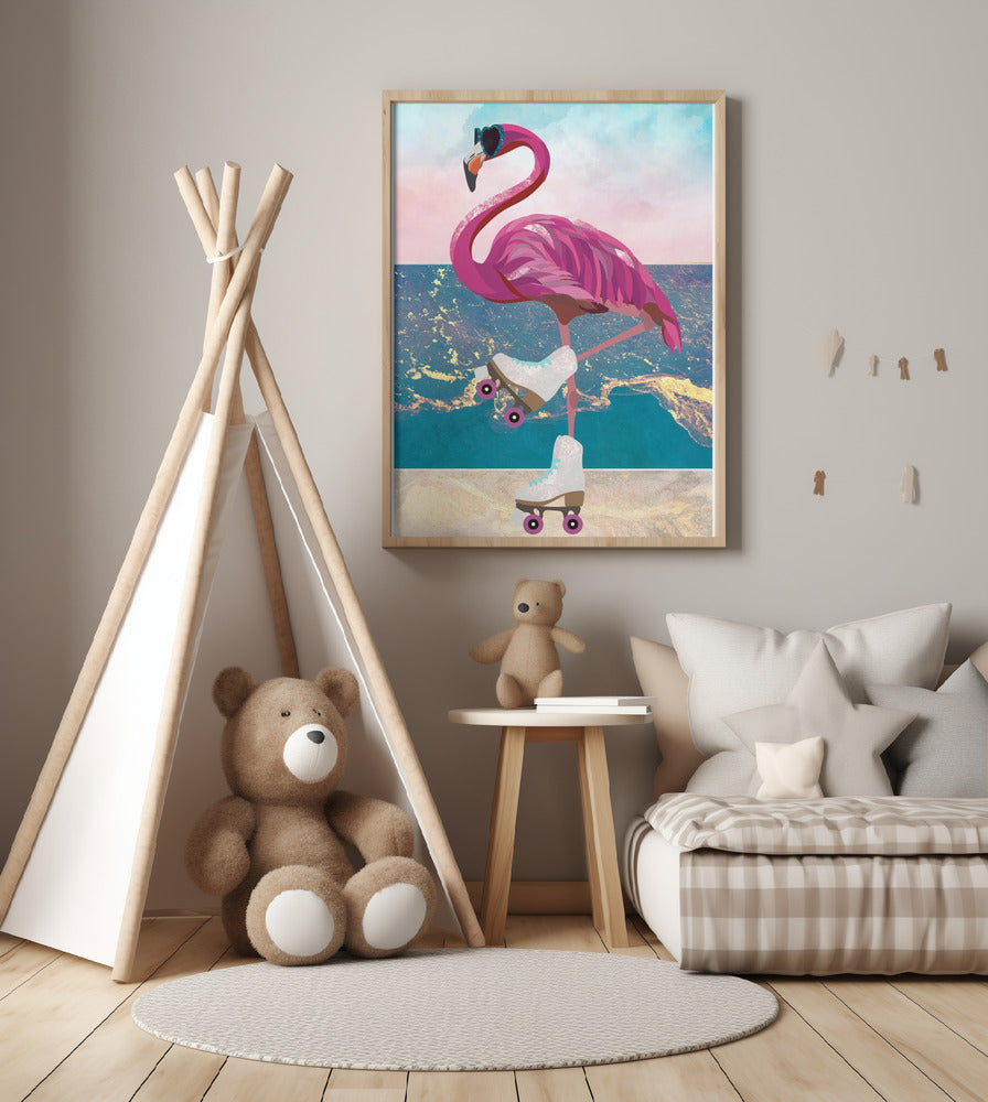 Flamingo rollerskating on the beach - Art Print by Sarah Manovski