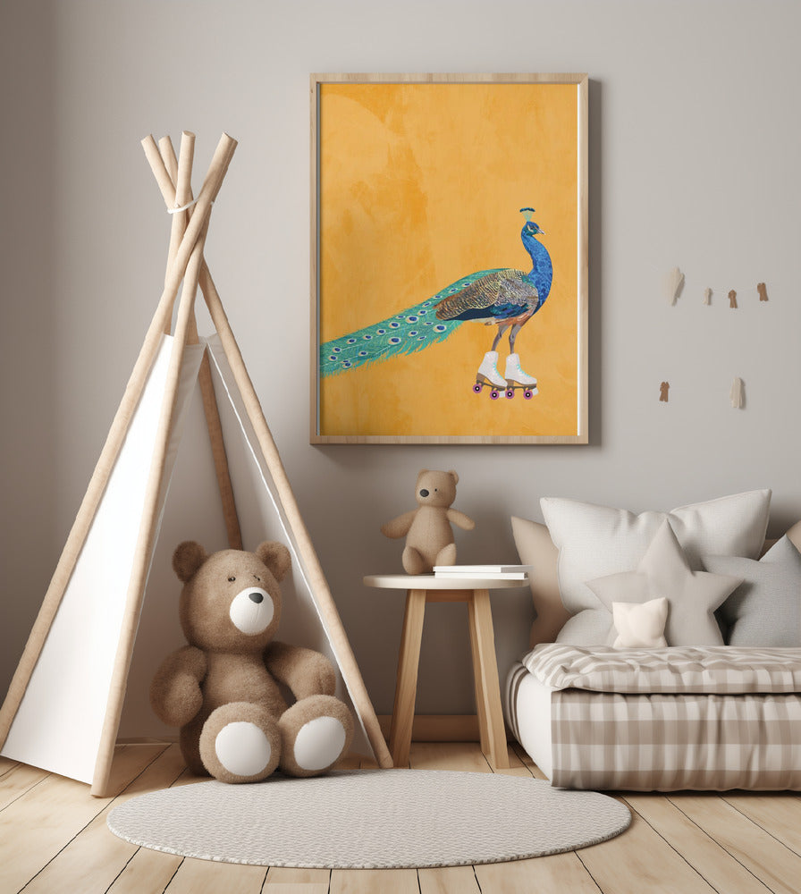 Peacock rollerskating - Art Print by Sarah Manovski