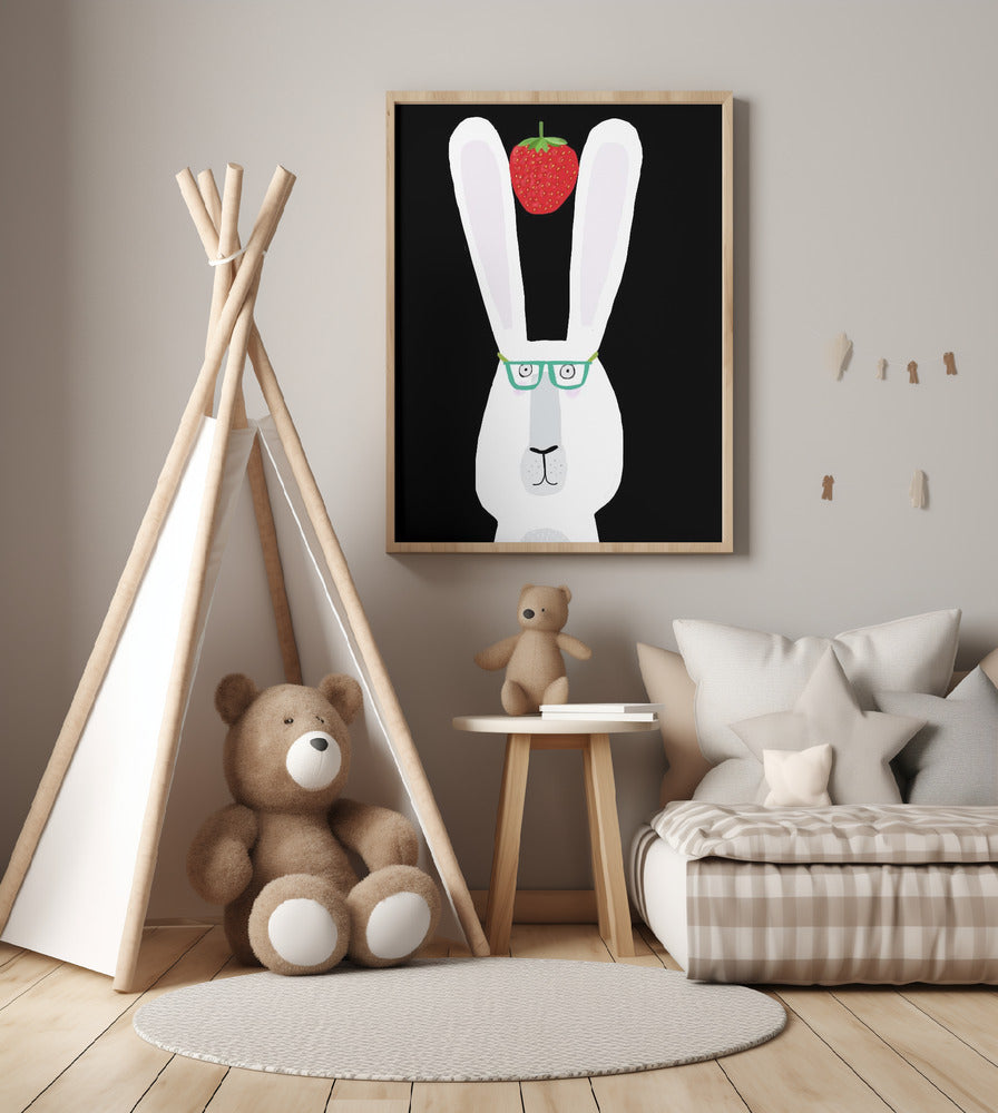 Cute White Rabbit with Strawberry by Artist Carla Daly - Art Print by Carla Daly