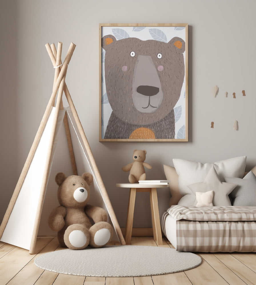 Cute Brown Bear with Grey Leaf Pattern by Artist Carla - Art Print by Carla Daly