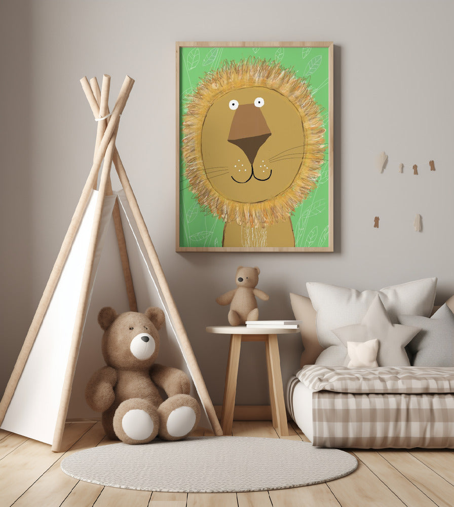 Cute Lion with Green Leaves by Carla Daly - Art Print by Carla Daly