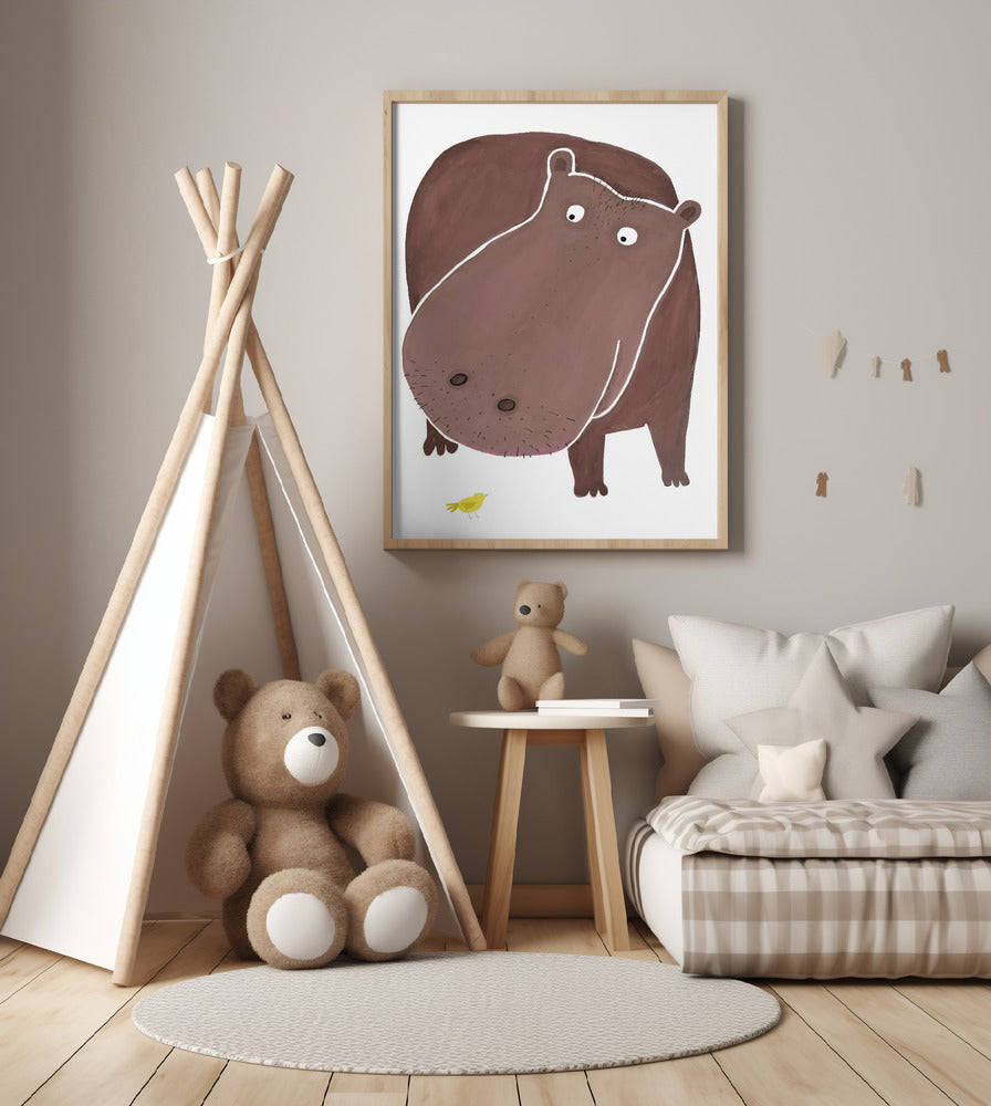 Cute Hippo With Small Bird - Art Print by Carla Daly
