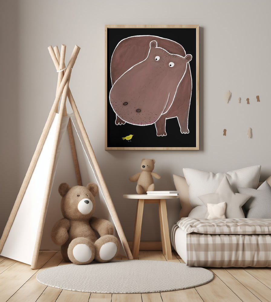 Cute Hippo With Small Bird - Art Print by Carla Daly