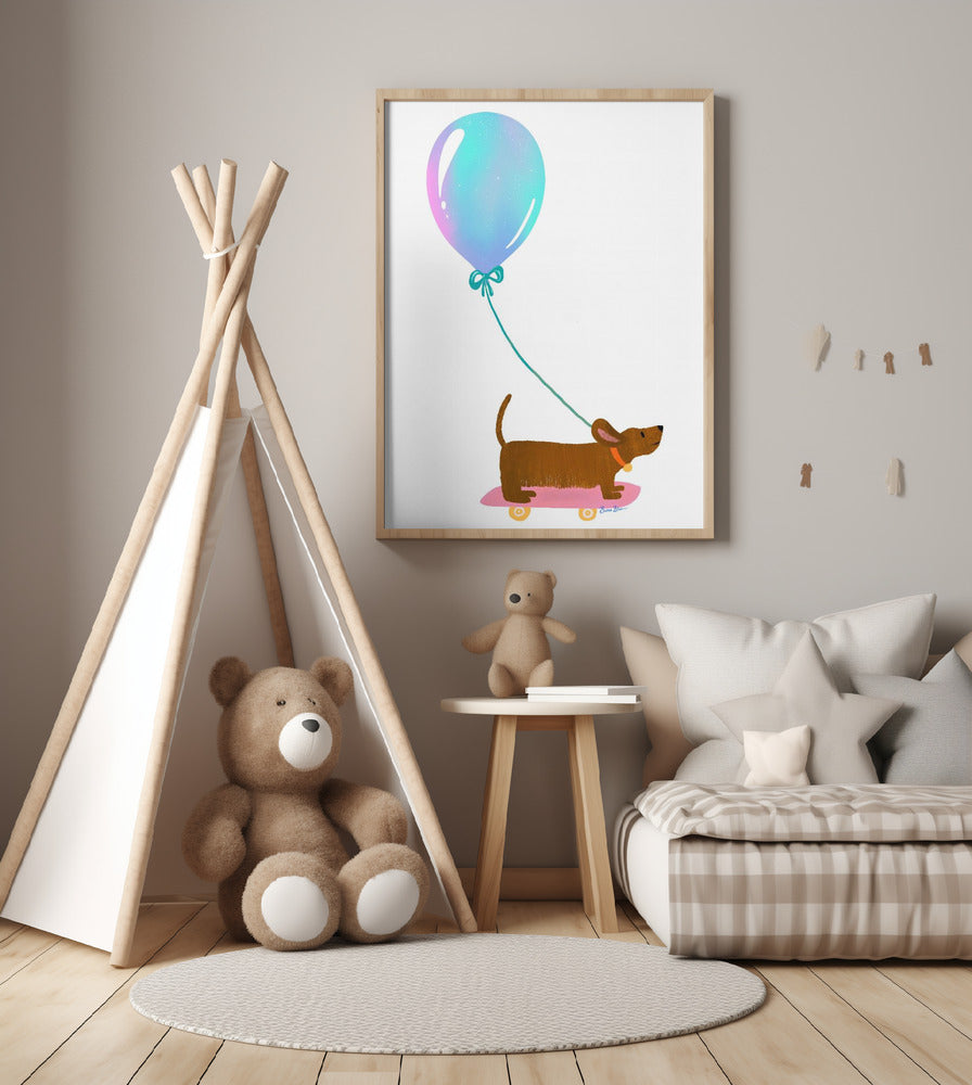 Never Stop Playing - Dachshund with Baloon - Art Print by Baroo Bloom