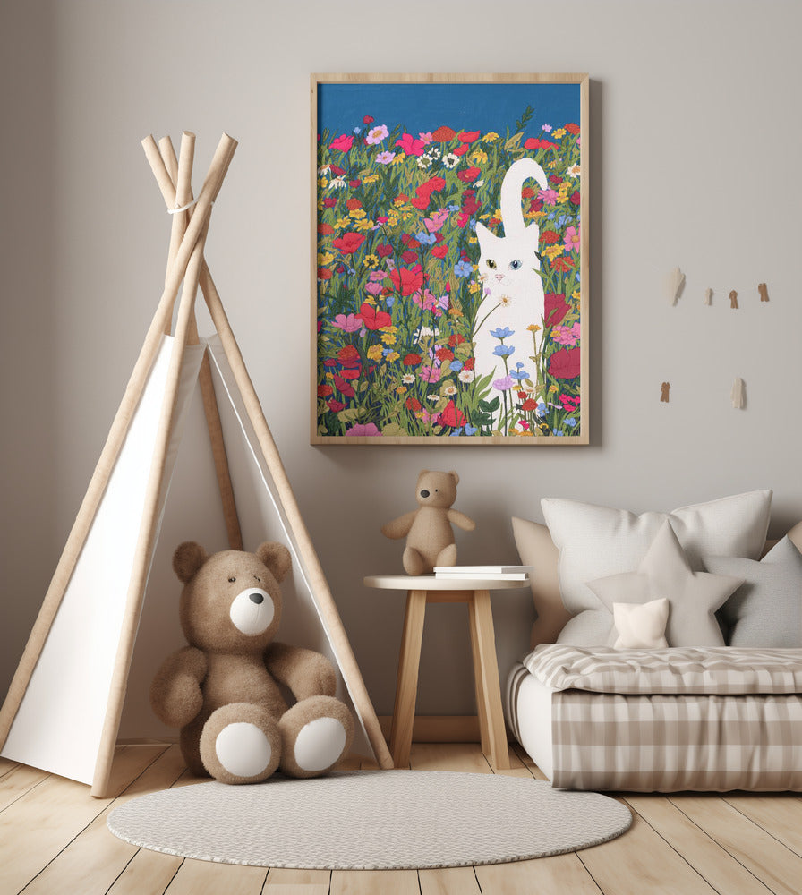 White Cat in the Wildflowers - Art Print by EC Mazur