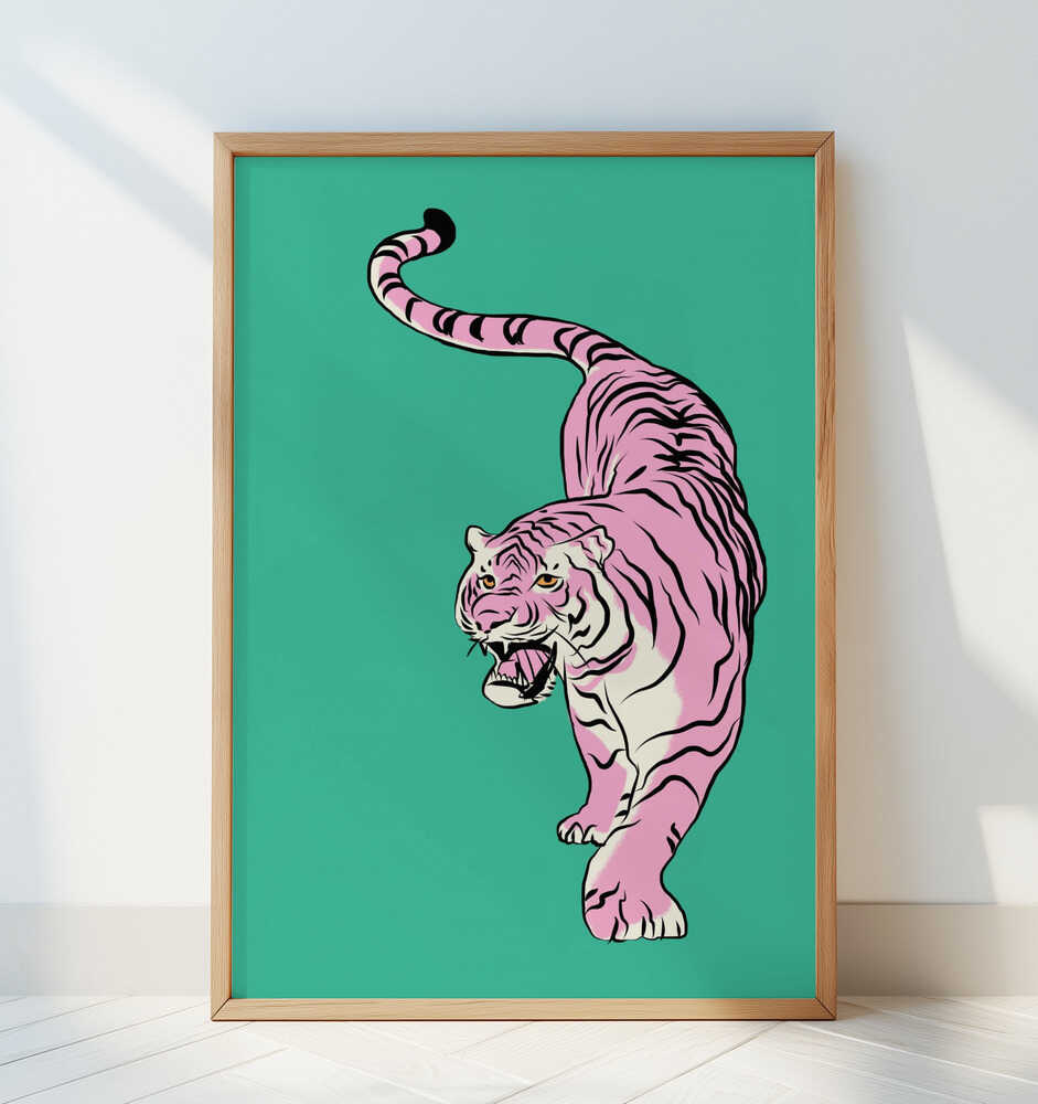 Tiger In Light Pink and Green - Art Print by Little Dean