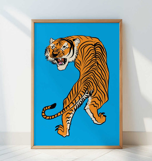 Tiger In Orange and Blue - Art Print by Little Dean