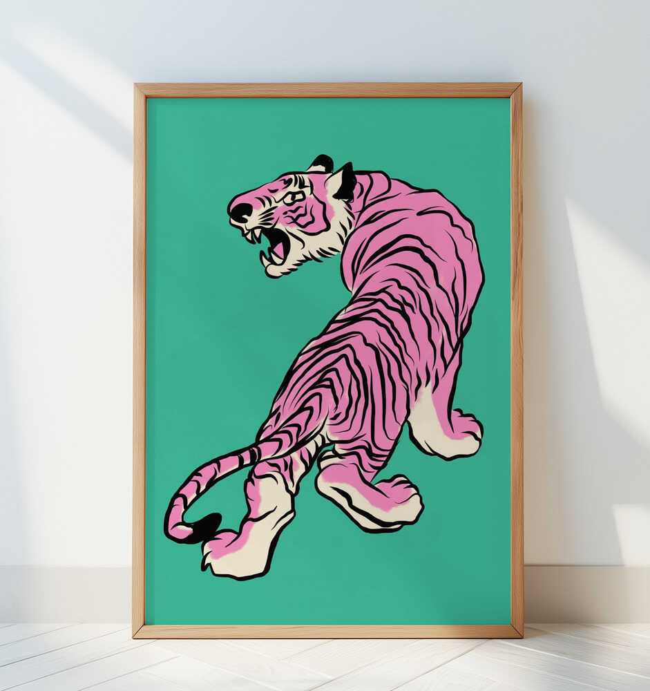 Pink Tiger Against A Teal Background - Art Print by Little Dean
