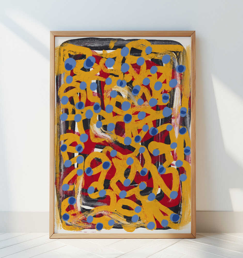 Yellow dotted line and blue polka dot - Art Print by Little Dean