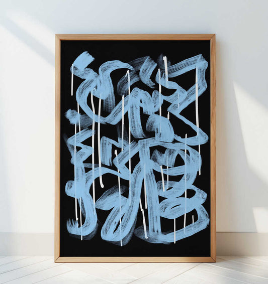 Blue abstract calligraphy - Art Print by Little Dean