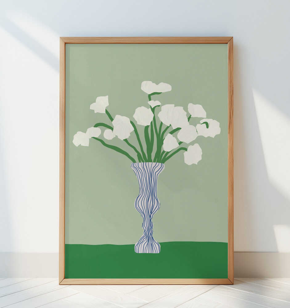 Green background porcelain white flowers - Art Print by Little Dean